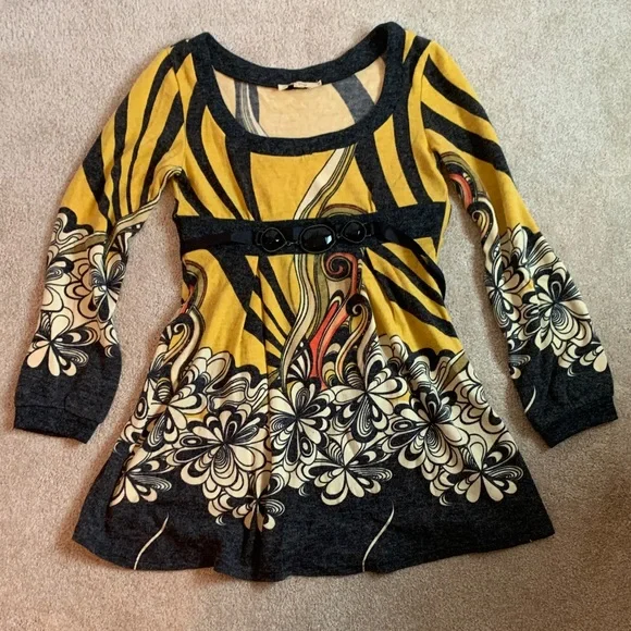 Aryeh Mustard and Charcoal Floral Long Sleeve Dress - Picture 1 of 6